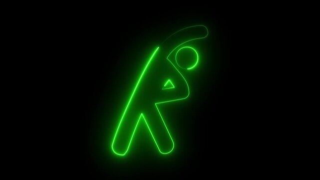 Glowing green neon stretching person icon outline fitness exercise warmup sports dark background.