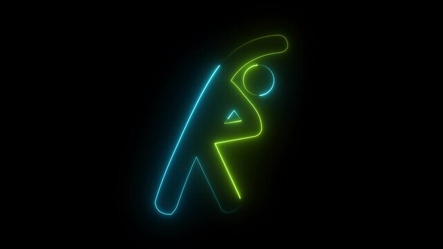 Glowing yellow cyan neon stretching person icon outline fitness exercise warmup sports dark background.