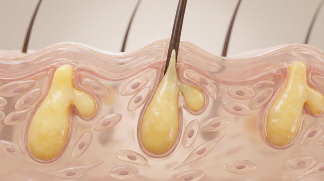 A 3D medical illustration showing human skin layers, hair follicles, and sebaceous glands in detail.