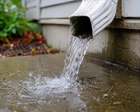 A white gutter downspout pours rainwater onto a wet concrete surface next to a house foundation.