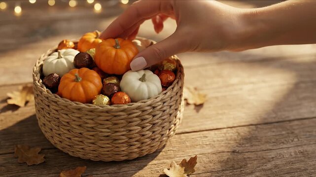 Cute Halloween wooden basket with small pumpkin candy and hand on autumn table scene