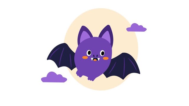 Cute Spooky Flying Purple Bat Cartoon Vector Illustration for Halloween Design