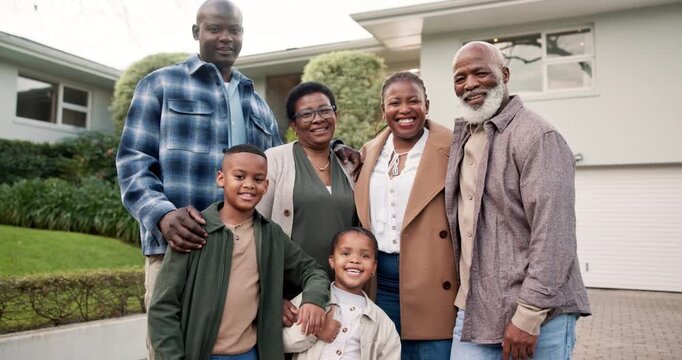 Family, happiness and face with generations by new house, flare and care with bonding on front lawn. Black people, grandparents and parents with children outdoor for moving, relocation or together