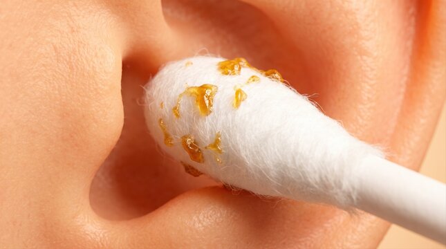 A close-up view of a cotton swab with earwax being removed from the human ear canal.