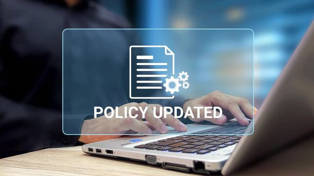 Policy Update Concept. New Rules and Regulations. Person Using Laptop with Policy Updated Notification. Corporate Compliance, Governance, Regulatory Change, Policy Implementation. 4K Video