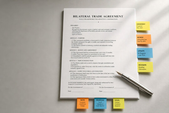 Bilateral trade agreement document with colorful sticky note tabs and silver fountain pen symbolizing agile treaty revision flexible trade policy renegotiation adaptive governance economic flexibility
