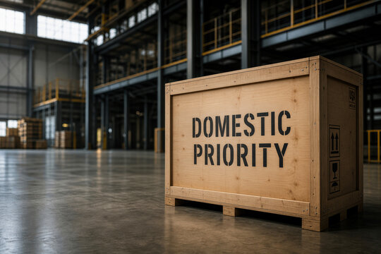Large wooden shipping crate stenciled DOMESTIC PRIORITY in modern warehouse symbolizing economic sovereignty resource autarky strategic reserve and supply chain protectionism