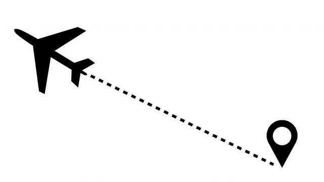 Plane flying from location point animation on white background. Animated silhouette icon sign 4K Resolution.