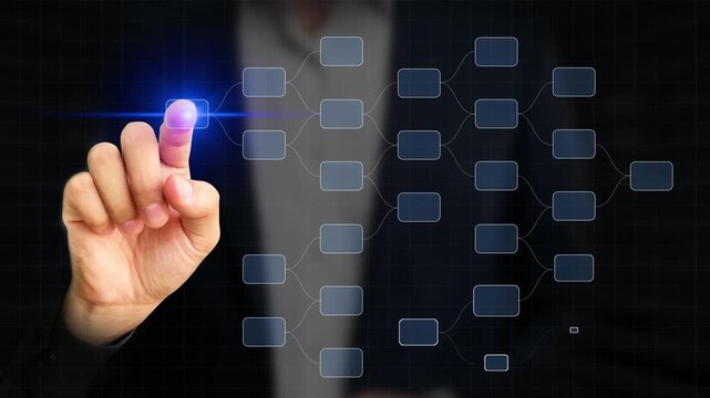 Decision Tree Diagram. Businessman Analyzing Possible Outcomes with Flowchart on Virtual Screen. Scenario Analysis, Strategic Planning. AI, Machine Learning Algorithms. 4K Video