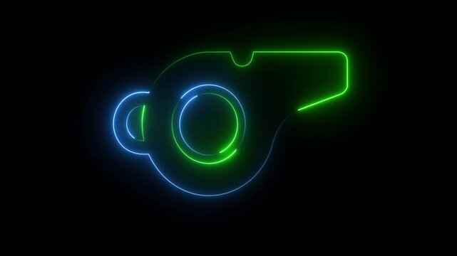Glowing green blue neon whistle icon outline referee sports equipment concept dark black background.