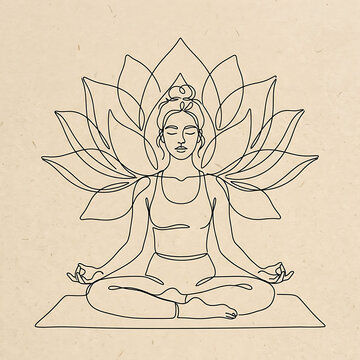 Woman meditating in lotus position linear illustration with beige background
