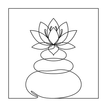 Lotus flower and stacked stones line drawing on white background