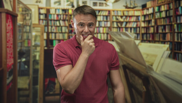 Man with hand to mouth smiling and suppressing laughter while standing among crowded bookshelves in a bookstore building; amusement.