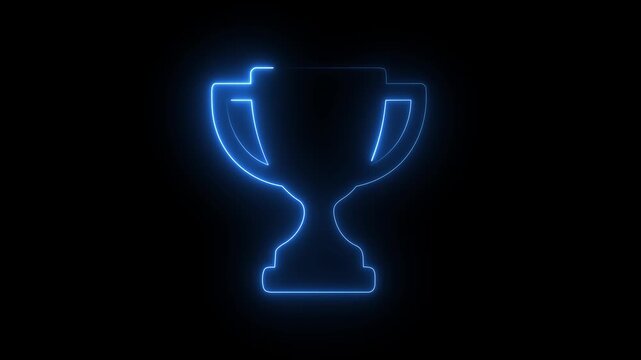 Glowing blue neon trophy cup icon outline winner award sports victory concept dark black background.