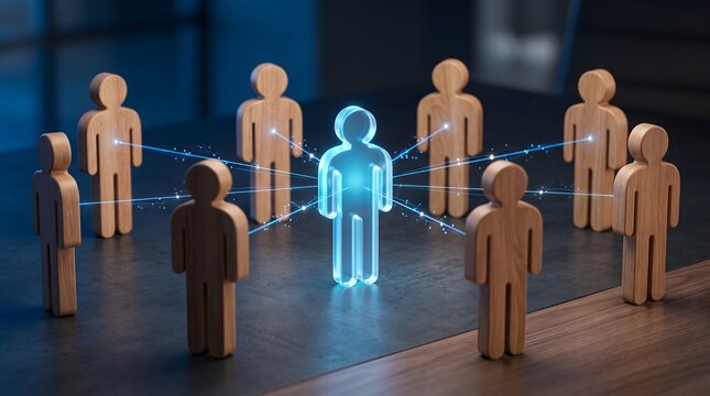 Glowing blue figure connects wooden people in network