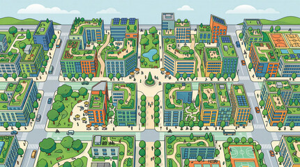 Fototapeta premium Illustration of urban area with green rooftops and parks. Buildings arranged in grid. Clear sky overhead. Concept of architecture, sustainable design, city planning