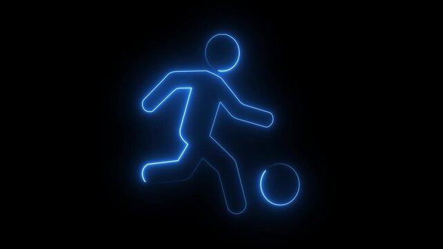 Glowing blue neon soccer player icon outline football athlete action concept dark black background.