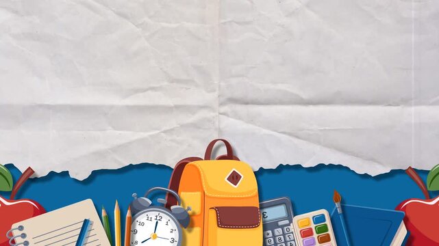 Back to School Background with Backpack and School Supplies on Torn Paper.