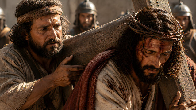 Simon of cyrene helping jesus carry the cross during the via dolorosa