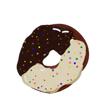 Hand drawn digital illustration of a half chocolate and half vanilla frosted donut with rainbow sprinkles, isolated on transparent background
