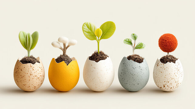 Five colorful eggshells with sprouts and plants growing from them, symbolizing growth and creativity. Each eggshell is uniquely colored and textured, adding whimsical touch to scene