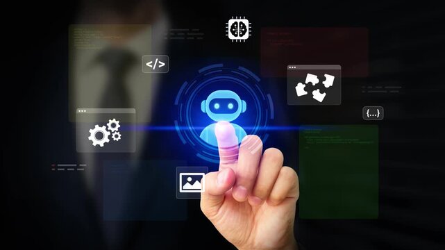 AI Coding Assistant for Software Development and Automation. Programmer Using AI Coding Tool to Generate Code for Apps and Websites. Programming and Digital Solutions Tools. 4K Video
