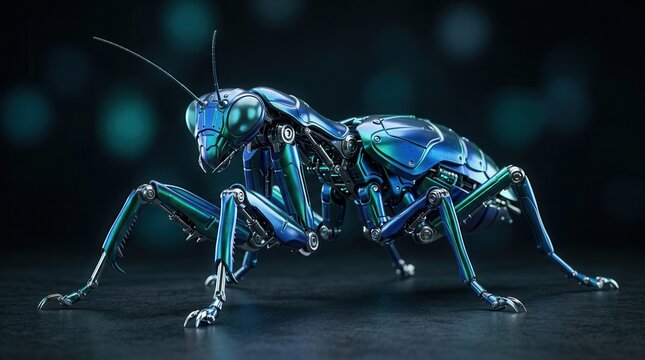 Biomimetic robotics concept featuring a futuristic mechanical insect robot with reflective blue and green metallic armor.