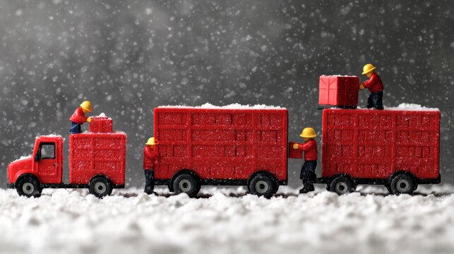 Toy trucks with workers load holiday gifts as snowflakes fall, creating a festive winter atmosphere