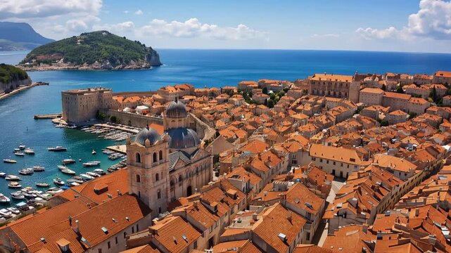 Aerial panoramic view of historic Dubrovnik old town with Adriatic coast under bright summer sky