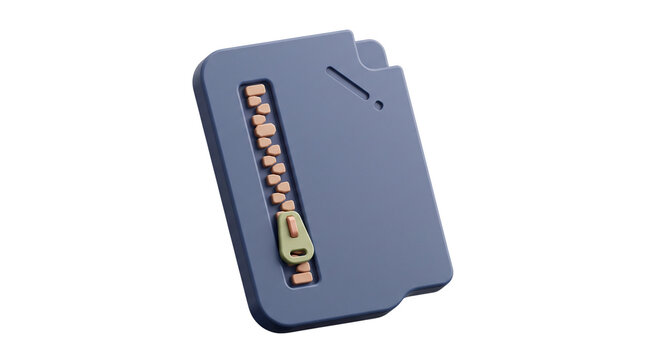 Minimalist 3D digital folder icon with zipper, blue file storage symbol for data compression, secure archive and document management concept isolated PNG with Transparent Background