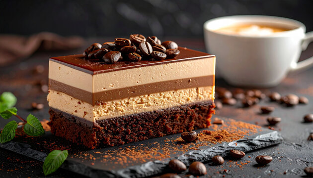 Coffee ice cream cake slice with rich frozen cream layers