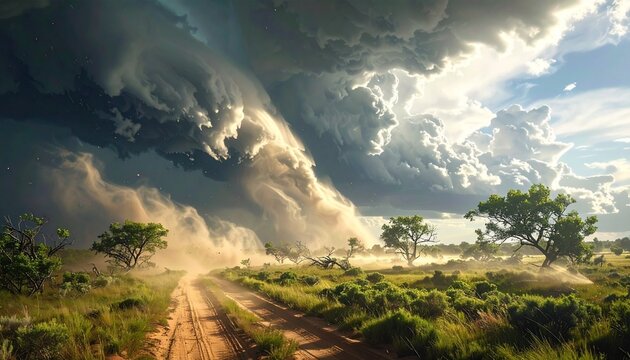Massive storm clouds and haboob rolling over a rural landscape