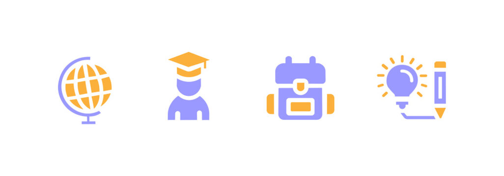Education icon set. Includes icons for globe, graduation, student, and knowledge. Solid icon illustration pack.