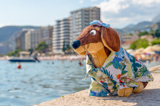 A plush dachshund toy with a hair bow and floral print shirt sits on a stone ledge above calm blue water, with a coastal apartment skyline behind it, a charming keepsake of a seaside getaway.