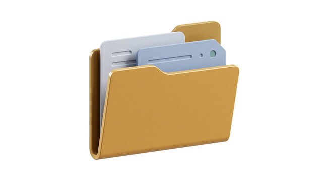Yellow 3D folder icon with paper documents, professional office file management concept, digital data storage and organization system isolated PNG with Transparent Background