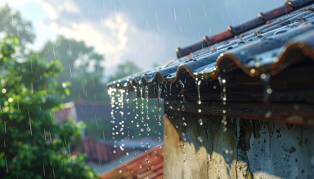 Rain Water Dripping from Tiled Roof Edge during Bright Sun Shower