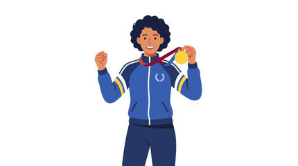 Happy woman athlete celebrating sports achievement holding gold medal flat vector