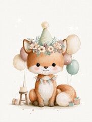 Obraz premium Cute Watercolor Baby Fox Character with Party Hat Floral Crown Balloons and Small Birthday Gifts Charming Nursery Wall Art Illustration Kids Celebration Greeting Card Design Isolated White