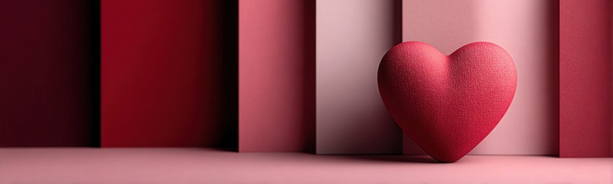 Red heart shaped object sitting on a pink surface love background banner copy space