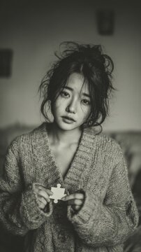 Woman holding a puzzle piece in her hands