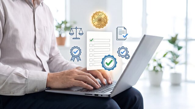 Man using laptop with checklist quality badges justice scale and verified document icons compliance certification concept for quality assurance standard audit and business regulatory approval