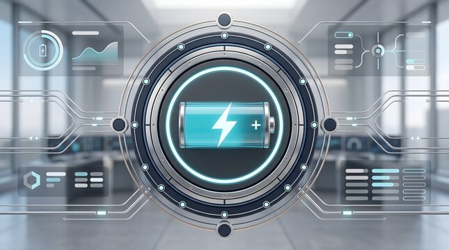 Futuristic battery icon with glowing lightning bolt and data interface