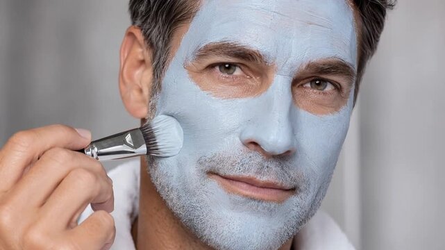 Handsome mature man applying a blue clay facial mask with a cosmetic brush. Close-up portrait of modern male skincare, spa treatment, and grooming routine for healthy, clean, and rejuvenated skin.