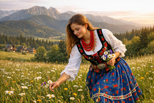 Str&oacute;j Podhalanski Woman in Polish Folk Costume picking flowers on meadow. Podhale. Tatry. Poland