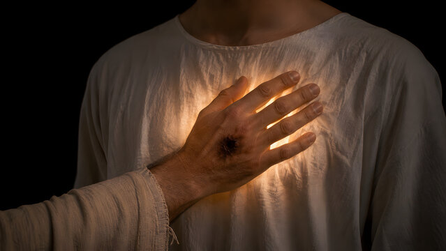 Closeup of a hand with a wound touching a glowing chest, symbolizing faith and healing