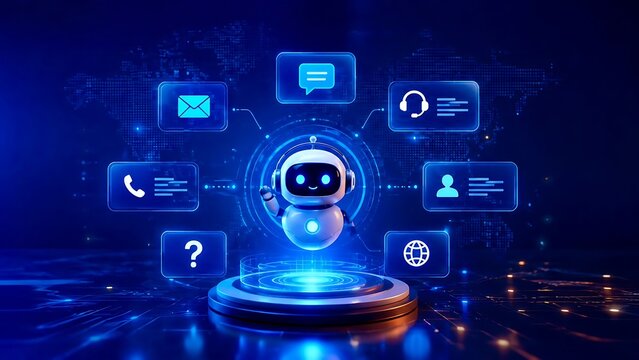 Futuristic friendly ai robot assistant surrounded by digital communication icons for customer service and chatbot support concept
