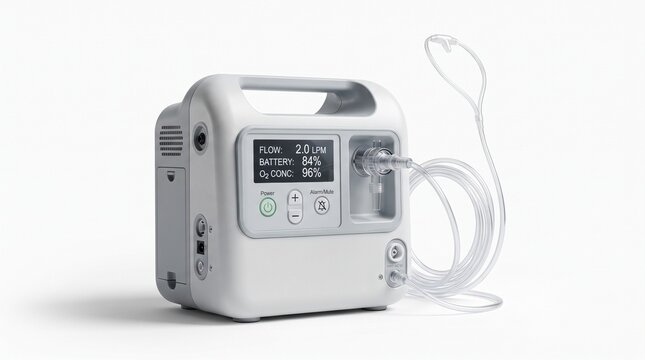 Portable oxygen concentrator with digital display and nasal cannula, medical respiratory equipment for home care, white oxygen machine on white background
