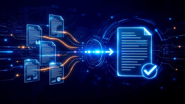Digital data transfer concept showing multiple glowing files connecting into a verified central document with checkmark in a high-tech cyberspace environment