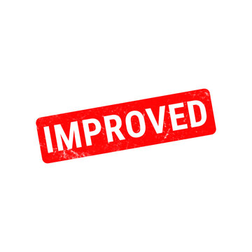Red improved rubber stamp icon, weathered grunge texture on rectangular seal, quality improvement and business progress concept