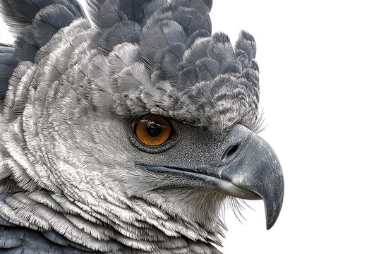 Majestic harpy eagle, a powerful raptor with striking grey plumage and piercing amber eyes, captured in a detailed close-up portrait. Its intense gaze and regal crest convey a sense of wild.
